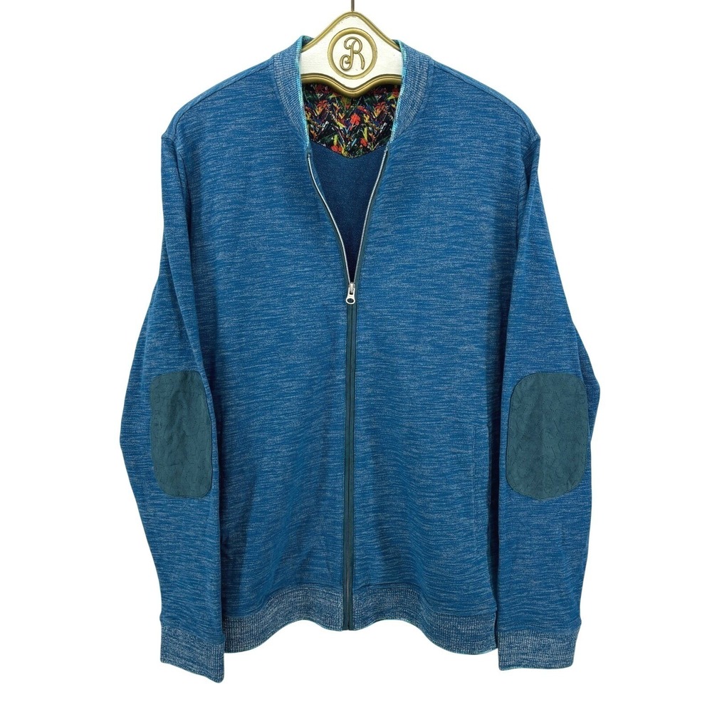 Robert Graham Blue Full Zip Sweater Jacket Cotton Elbow Patches Preppy Casual XL